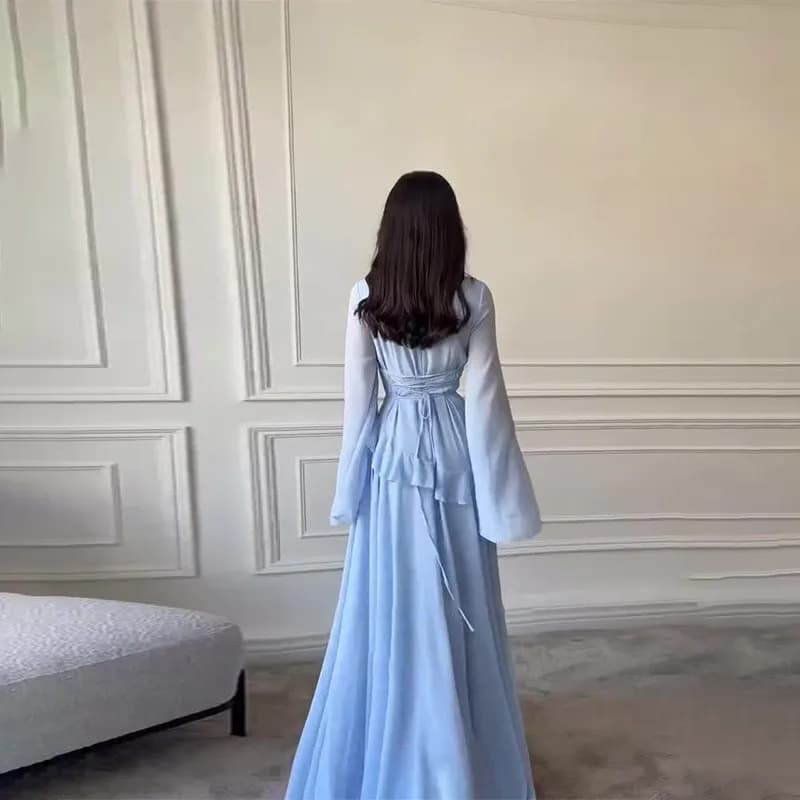 فستان شيفون نسائي منفوش بأكمام واسعة وياقة دائرية 2025 جديد أنيق فستان ماكسي للحفلات المسائية والعطلات - 2