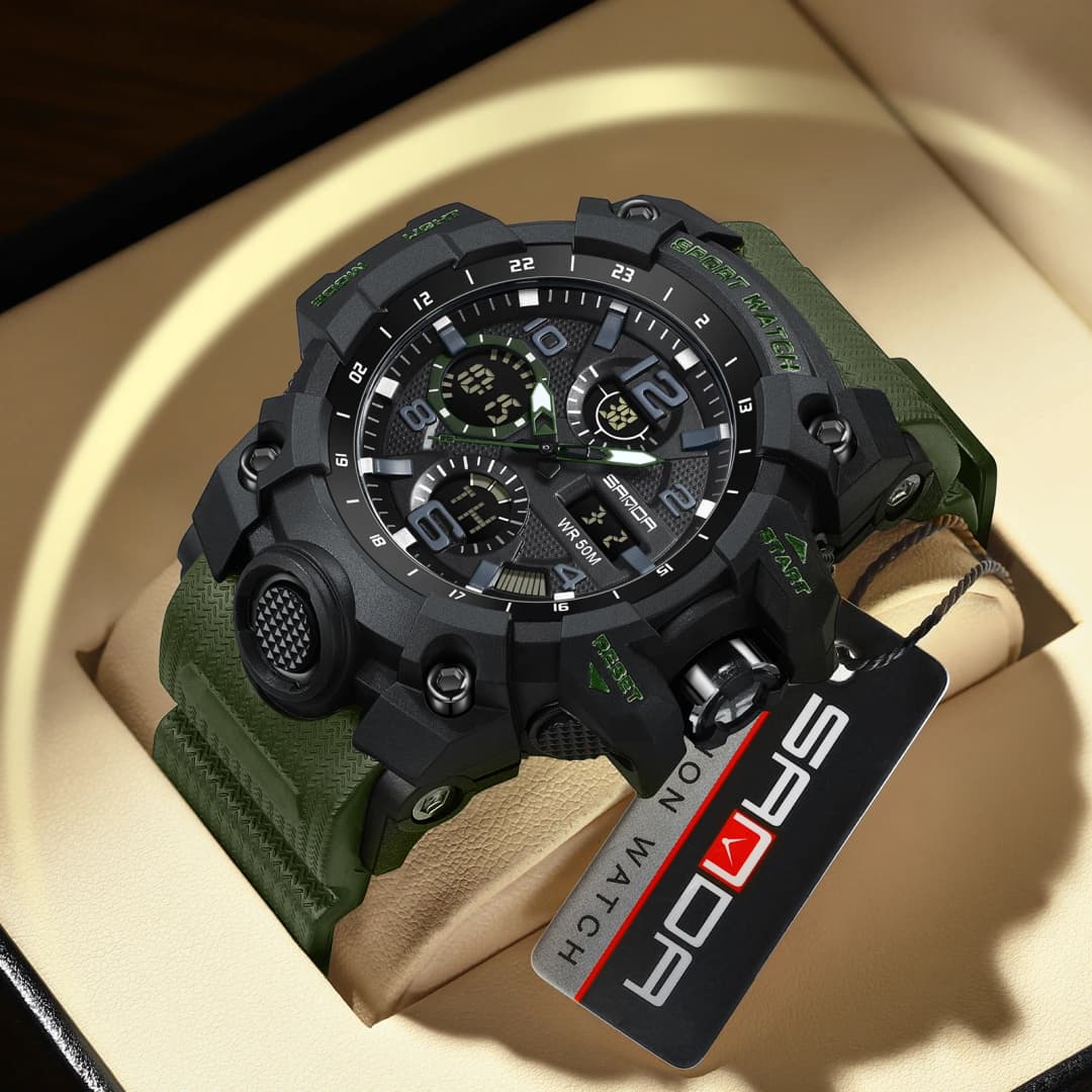ساعة رياضية رجالية من سان دا بتصميم عسكري G، شاشة مزدوجة، ساعة إلكترونية مقاومة للماء، ساعة LED مضيئة للخارجية