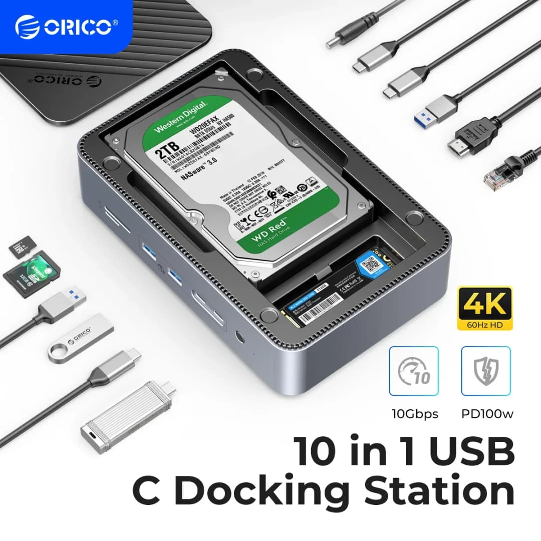 ORICO محطة إرساء 10 في 1 مع غلاف مزدوج لـ M.2 NVME SSD وغلاف محرك أقراص صلبة 3.5 بوصة ومنفذ Steam Dock  HDMI-4K60Hz PD100W إيثرنت