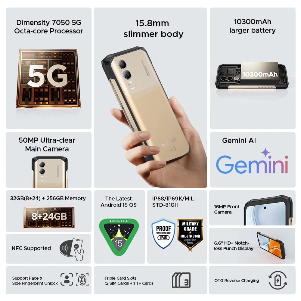 World Premiere DOOGEE Blade20 Turbo 5G Rugged Phone Android 15 Gemini Al 6.6'' HD+ 8GB 256GB AI Dual Camera 10300mAh Battery - 2