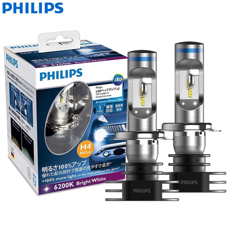 Philips LED H4 X-treme Ultinon Car Headlight 6200K Bright White Light Power LED Original Upgrade High Low Beam 12902LP 12953BW
