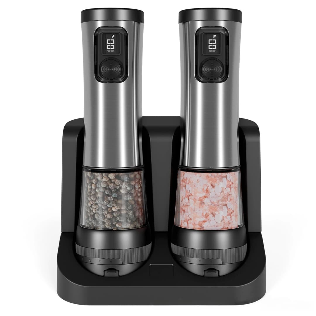 Electric Automatic Pepper Salt Grinder Set with Rechargeable Base LED Electricity Indicator Adjustable Coarseness for Kitchen - 2