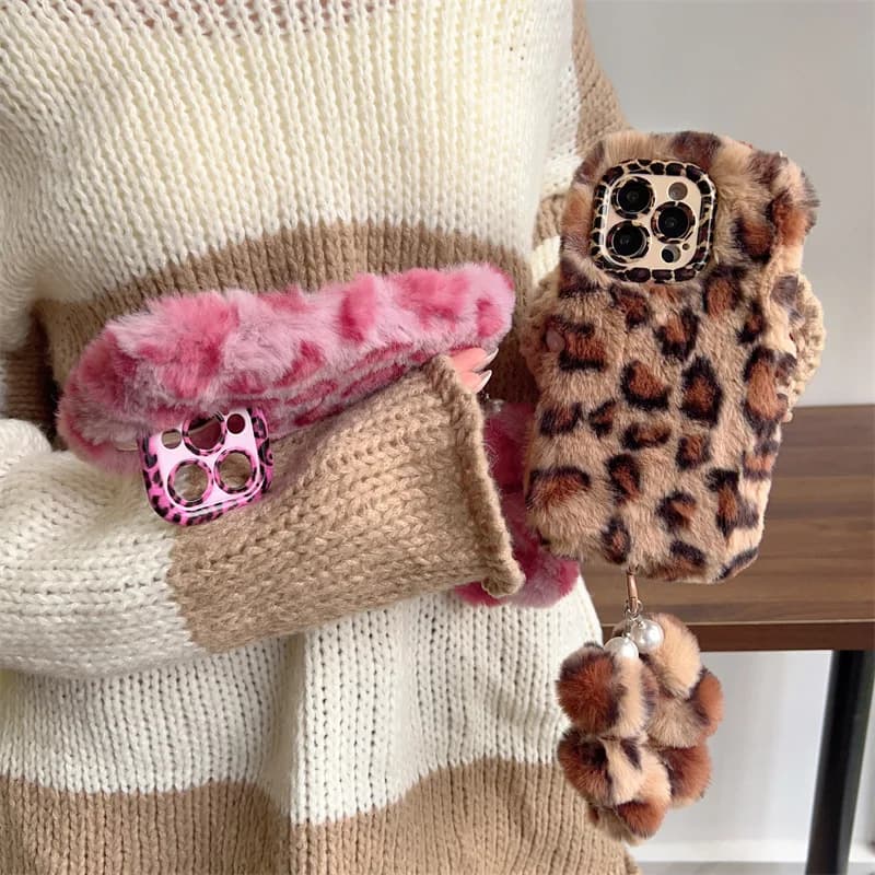 Fashion Leopard Furry Plush Lens Bracket Phone Case For iPhone 17Air 15 14 13 12 11 16 Pro Max With Wrist Chain Shockproof Cover - 5