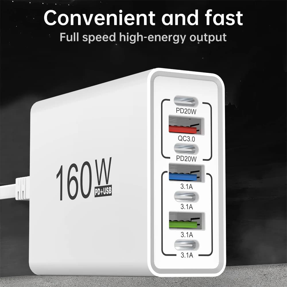 160W USB Charger 7-Port Multi Device Fast Charging Station PD QC3.0 Built-in Cable for iPhone Samsung Xiaomi iPad EU US Plug - 3