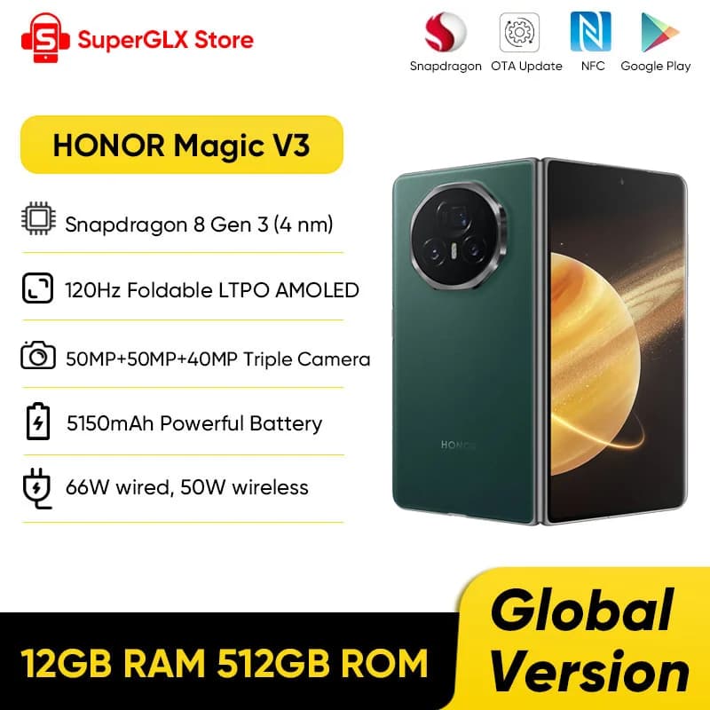 【متوفر】 HONOR Magic V3 إصدار عالمي، هاتف 5G، معالج Snapdragon 8 Gen 3، شاشة قابلة للطي LTPO AMOLED بحجم 7.92 بوصة ومعدل تحديث 120 هرتز، كاميرا رئيسية 50 ميجابكسل