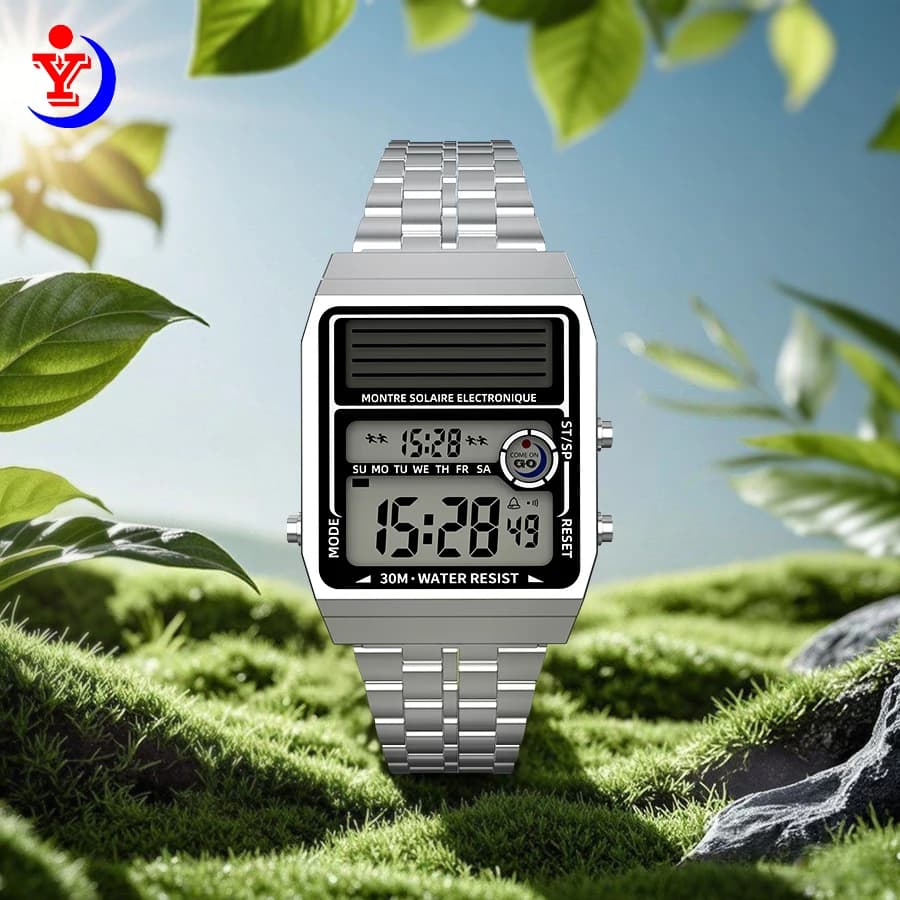 ساعة إلكترونية شمسية ريترو أنيقة متعددة الوظائف عمر البطارية يصل إلى عامين مقاومة للماء حتى 30 متر