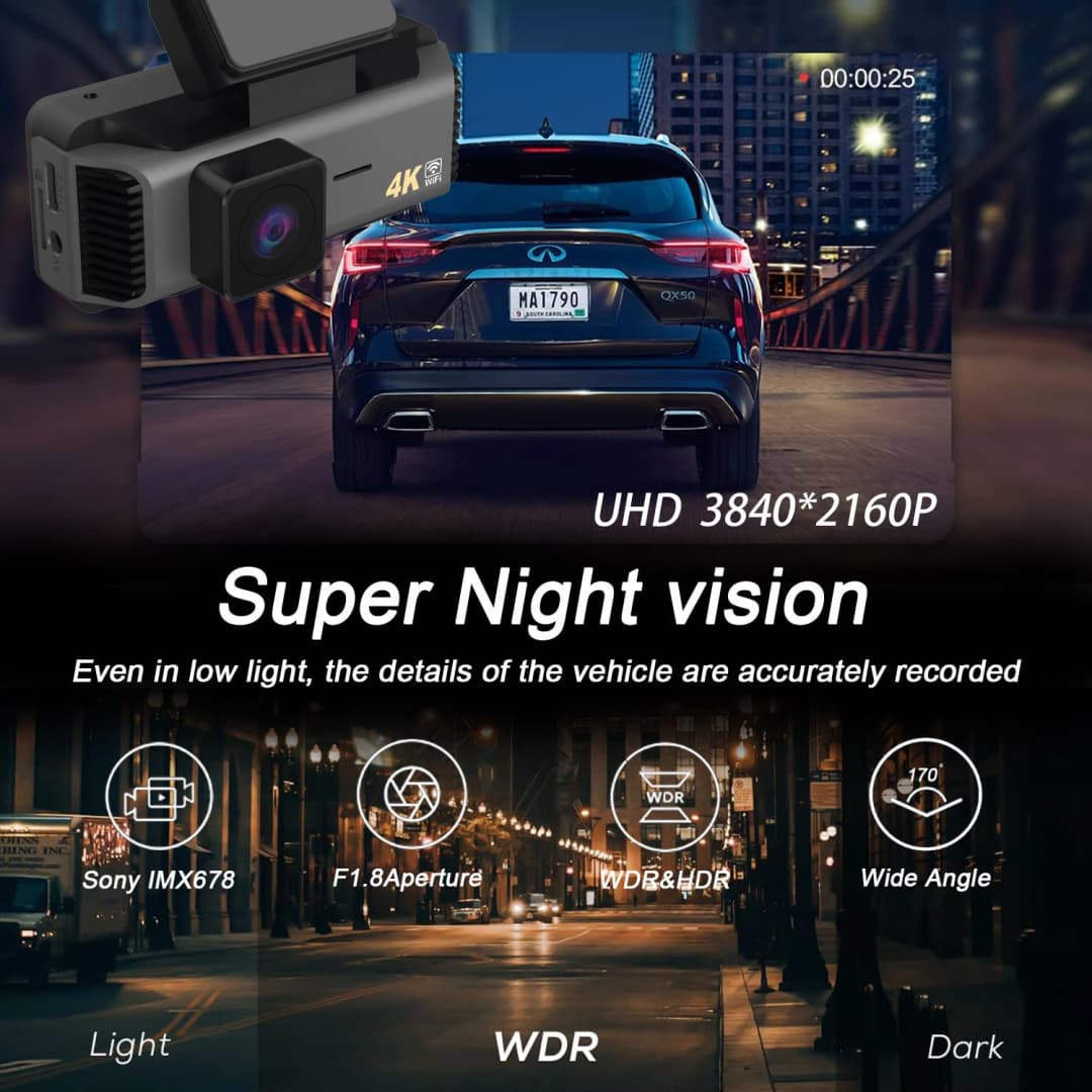 كاميرا سيارة DVR 4K 5G WIFI GPS مصغرة كاميرا لوحة قيادة أمامية وخلفية عدسة مزدوجة صندوق أسود مسجل فيديو قيادة رؤية ليلية - 4