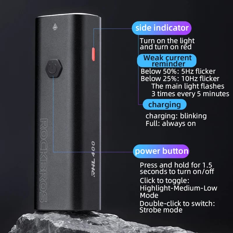 ROCKBROS 200LM 400LM إضاءة دراجة نوع-C شحن LED إضاءة أمامية للدراجات مصباح أمامي من الألومنيوم MTB إضاءة فلاش للطريق إضاءة دراجة - 3