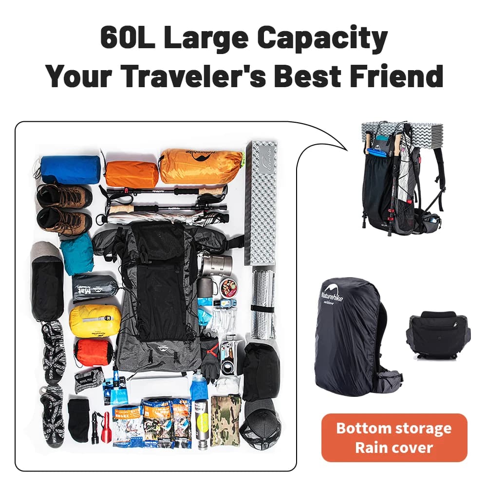 Naturehike Camping Backpack 60+5L Large Capacity Waterproof Climbing Bag Ultralight Travel Man Backpack Outdoor Hiking Backpack - 4