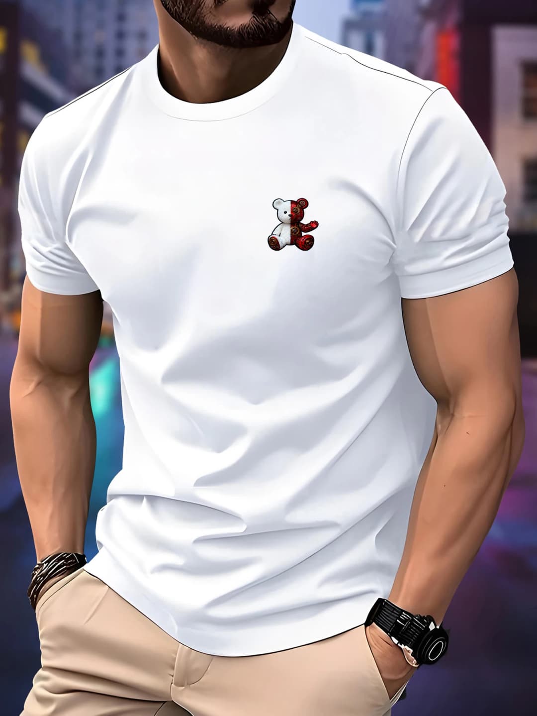 Men's Summer Essential Mechanical Bear Printing Printed T-Shirt Soft & Breathable Round Neck Short Sleeve Tee Unisex Casual Wear - 6