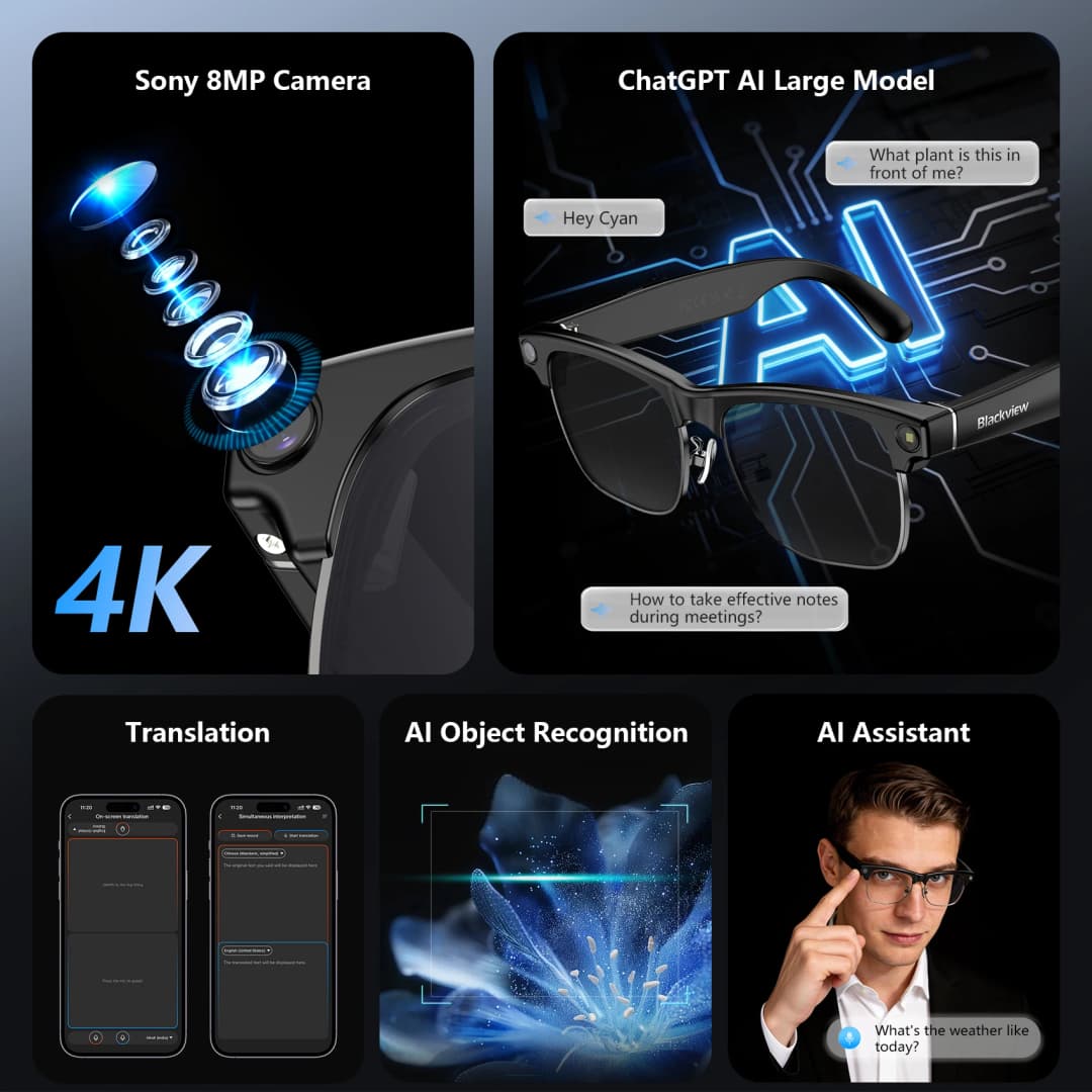 نظارات بلاكفيو الذكية BV200 مع كاميرا 4K بدقة 1200 ميجابكسل، مكالمات بلوتوث، ترجمة ذكية، مساعد صوتي، مكبرات صوت ستيريو وميكروفون مدمج - 6