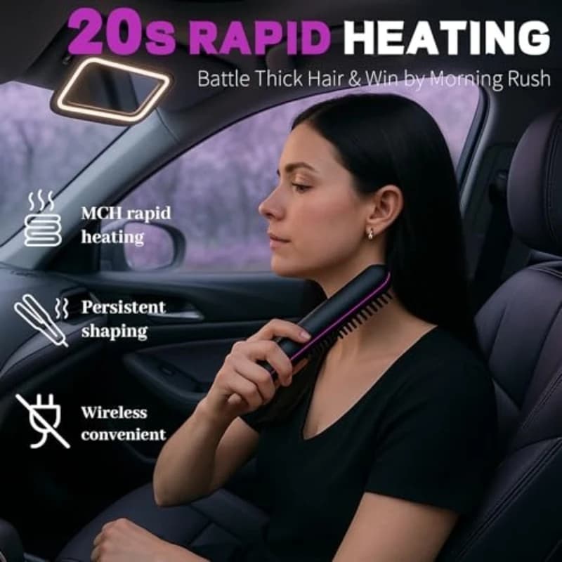 فرشاة فرد شعر محمولة مطورة للسفر بشاشة LCD لعرض درجة الحرارة تسخين سريع لاسلكية صغيرة للنساء - 4