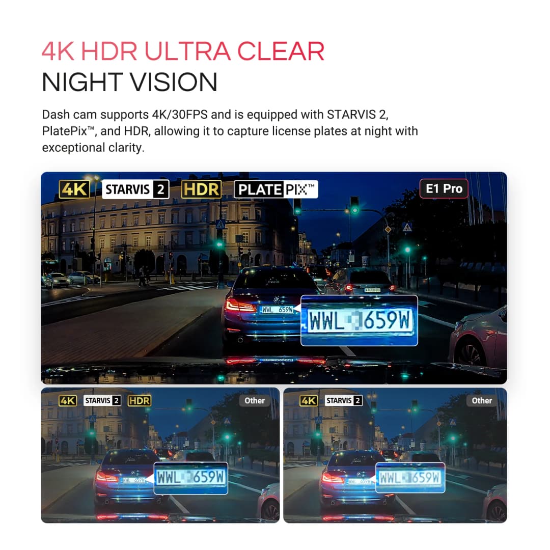 فانترو E1 برو 4K ميني داش كام - كاميرا أمامية STARVIS 2، HDR للرؤية الليلية، واي فاي 5G، GPS، يدعم حتى 1 تيرابايت - 5