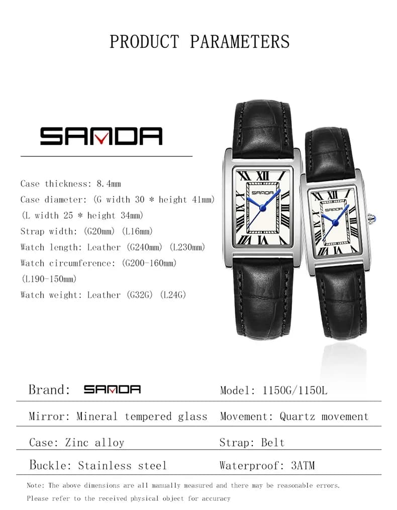 SANDA Leisure Leather Strap Men Women Couple Tank Watches Vintage Korean Roman Scale Square Temperament Quartz Wristwatch - 2