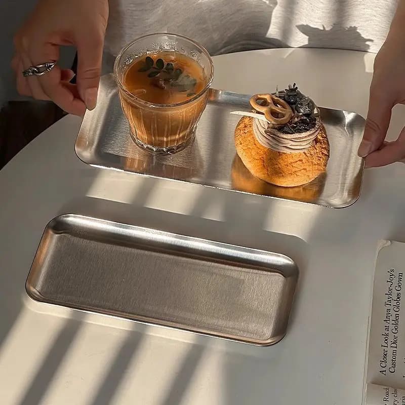 Ins Korean Plateins, Stainless Steel Rectangular Plate Cafe Cake Dessert Plate Storage Trays,Home Kitchen Storage Table Dish - 5
