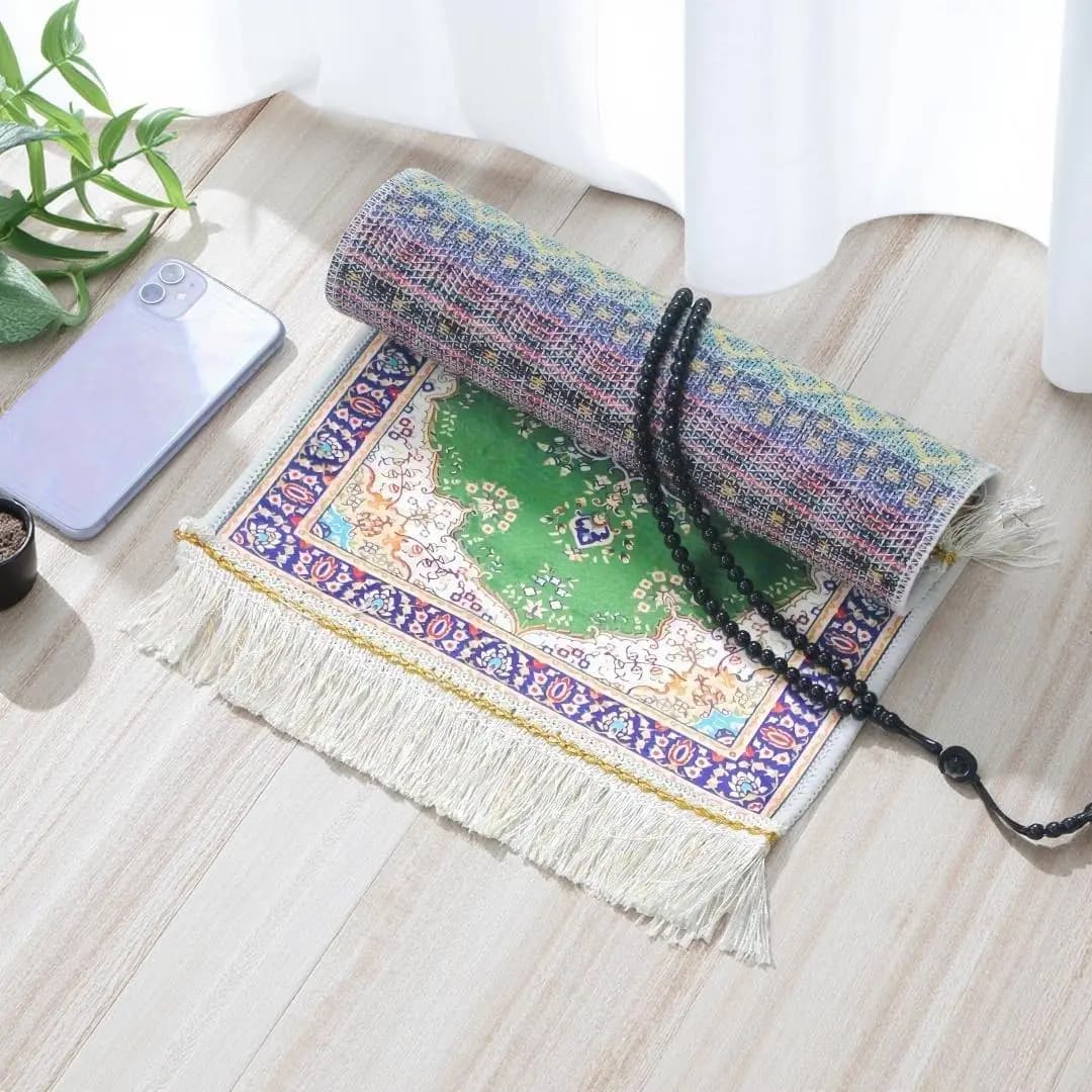 2 قطع مجموعة صغيرة محمولة سجادة صلاة مع مسبحة مسلمة 30 سم × 40 سم وسادة حرير الجليد مشبك حصيرة مسلم الإسلام التطريز السجاد - 4