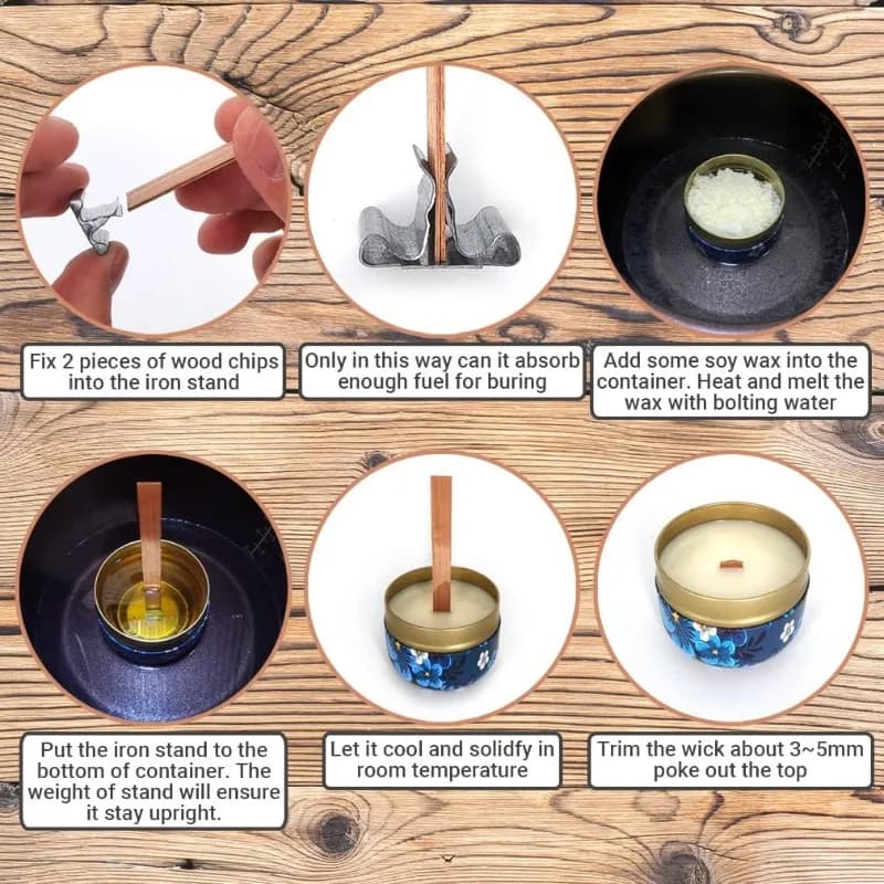 فتائل شموع خشبية طبيعية مع حاملات معدنية لشموع الصويا، لوازم صنع الشموع يدوياً، حرفة العلاج العطري - 4
