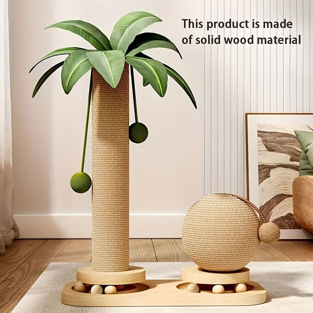 Coconut Tree Cat Scratching Post & Play Tower, 2-in-1 Sisal & Solid Wood Cat Activity Tree with Hanging Balls, Space-Saving - 2
