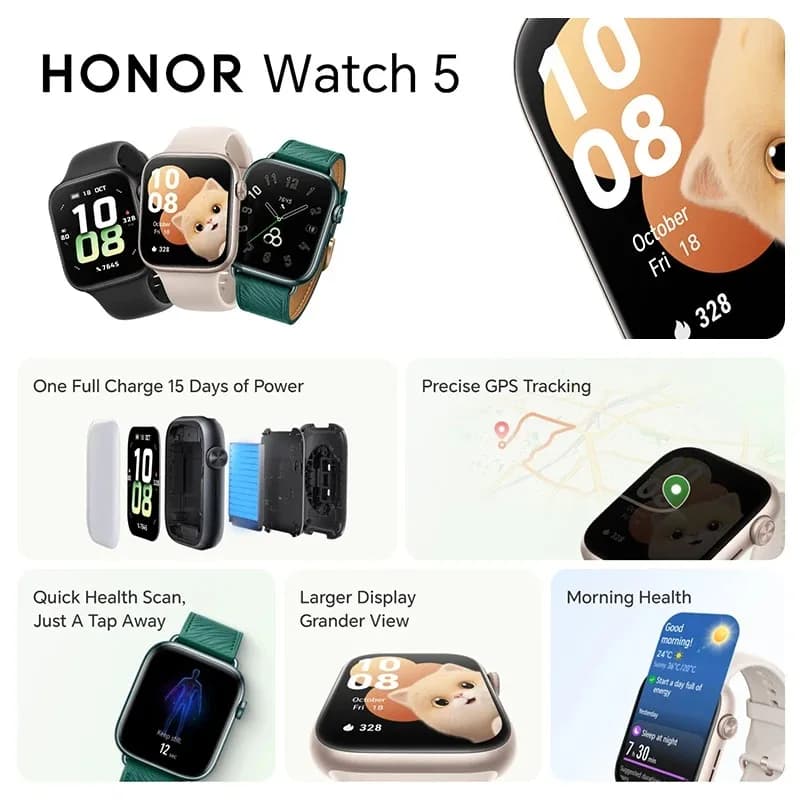 Global Version  HONOR Watch 5 Smartwatch 1.85'' AMOLED Color Screen 64MB RAM+4GB ROM 480mAh Battery Support Bluetooth 5ATM&IP68 - 2