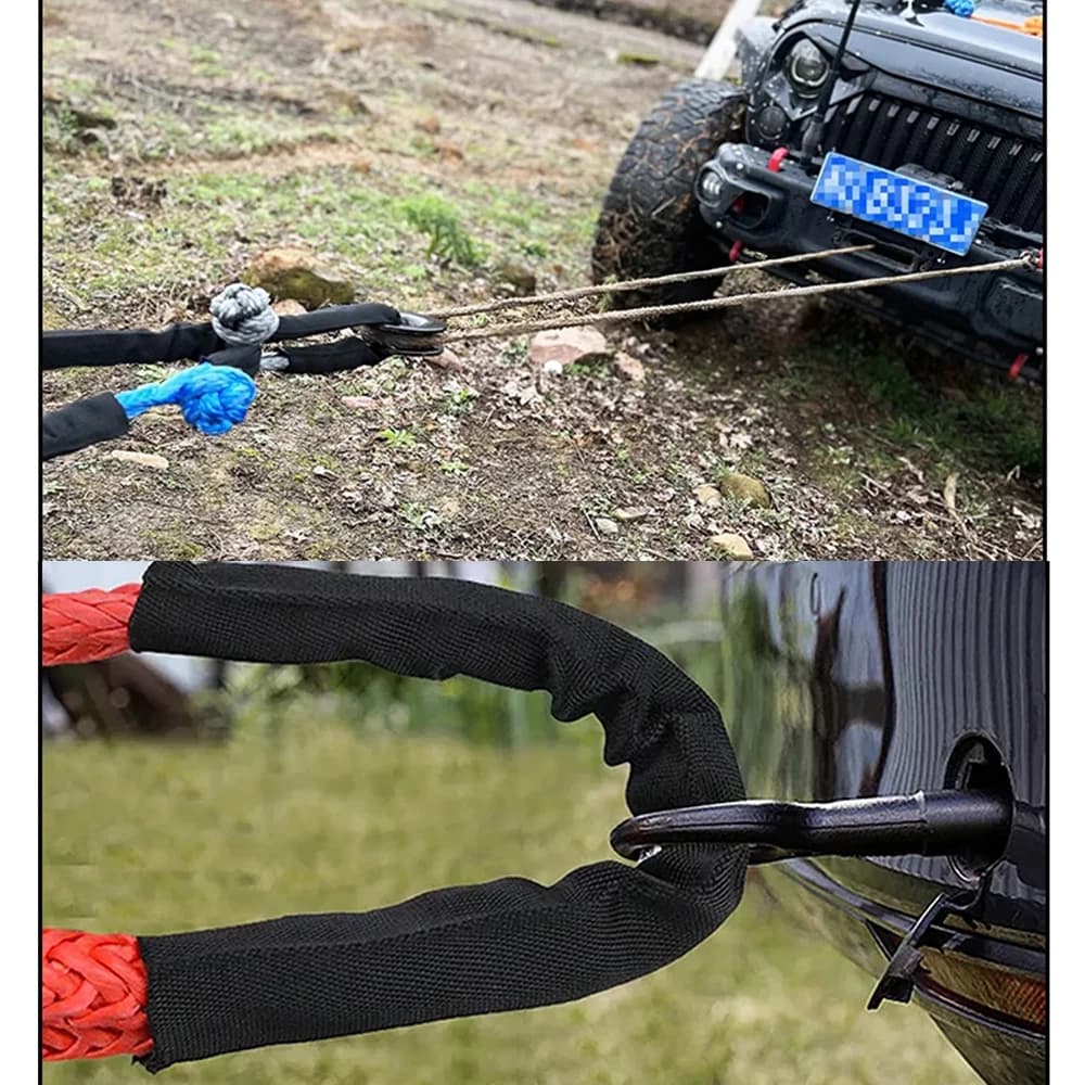 53000lbs ونش حبل الاصطناعية لينة تكبل + حلقة الانتعاش مجموعة أغلال متينة مع كم واقية لاستعادة مركبة شاحنة - 5