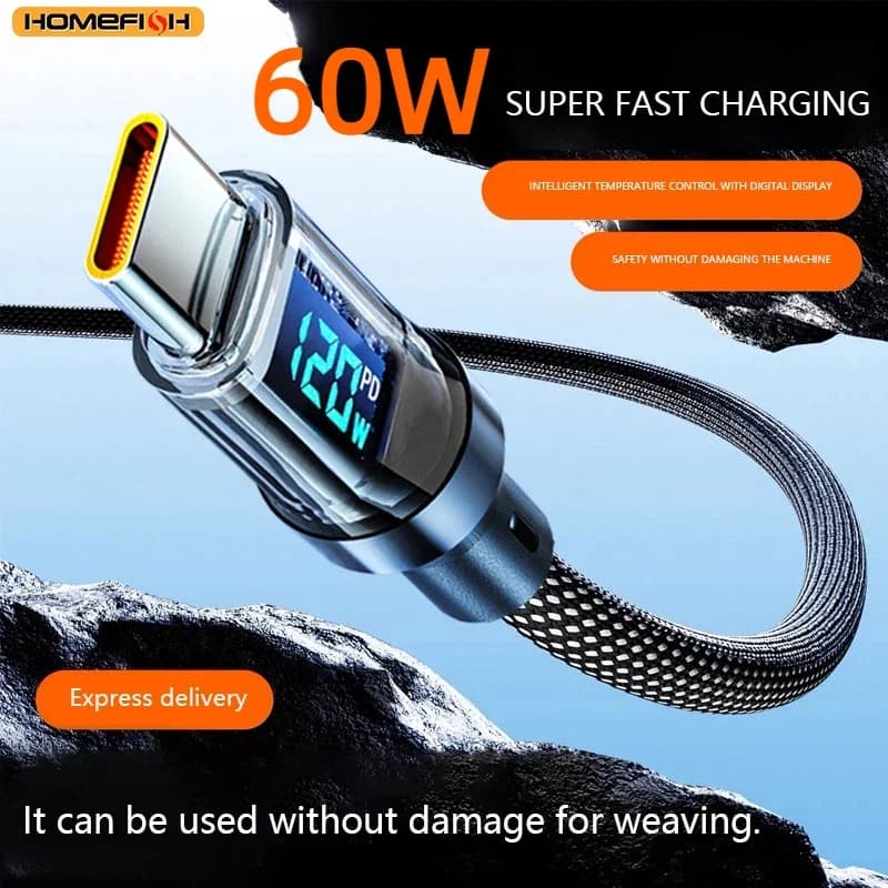 HOMEFISH 60W USB-C Super Fast Charging Cable with Digital Display, Braided Anti-Fracture Wire, Compatible with Type-C Devices