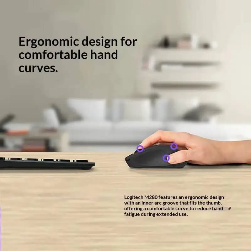 فأرة لاسلكية مريحة Logitech M280، نقر صامت، اتصال حتى 10 أمتار، بطارية تدوم 18 شهرًا، بدء سريع للكمبيوتر المنزلي - 3