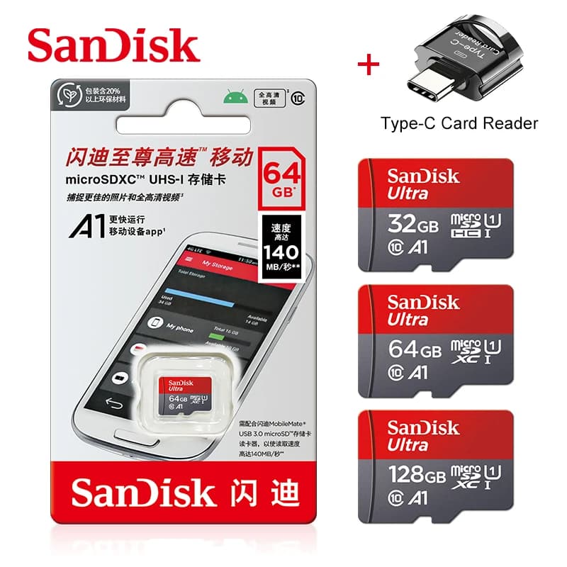 SanDisk A1 بطاقة ذاكرة أصلية سعة 256 جيجابايت 128 جيجابايت 100 ميجابايت/ثانية 64 جيجابايت 32 جيجابايت بطاقة Micro SD من الفئة 10 UHS-1 مع قارئ بطاقات Type-C