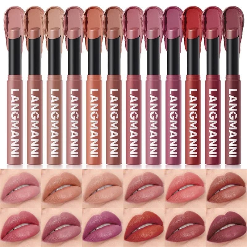 Matte Lipstick Non-Stick Cup Long-Lasting Velvet Finish Lipstick Pen Smooth Matte Lip Color Waterproof Non-Fading 12 Colors Nude - 2