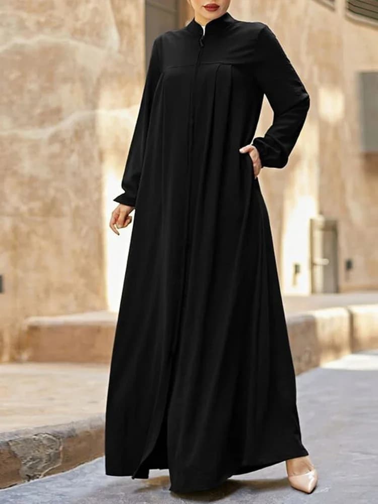 فستان أسود إسلامي بياقة صغيرة قائمة وتصميم جيب بسحاب، أنيق وفضفاض وعفوي بأكمام طويلة - 2