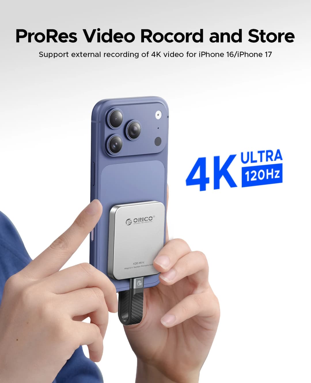 ORICO K20Mini قرص صلب خارجي مغناطيسي للآيفون 17 و16 برو/ماكس برو ريس بسرعة 2000 ميجابايت/ثانية وتسجيل وتخزين 4K برو ريس HDR محمول - 4