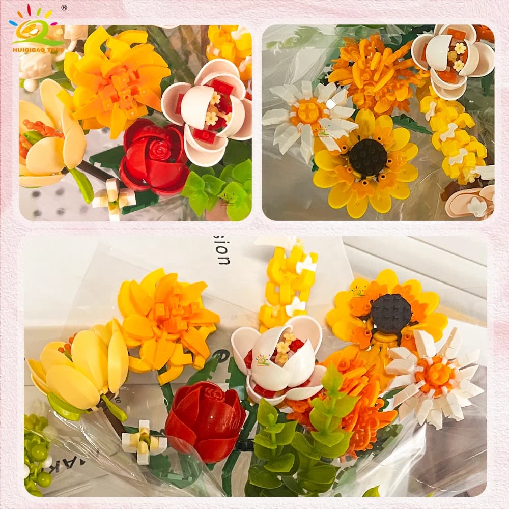 HUIQIBAO MOC Flower Bouquet Model Micro Building Block DIY Rose Eternal Home Desk Plant Decoration Brick Girl Gift Children Toy - 5