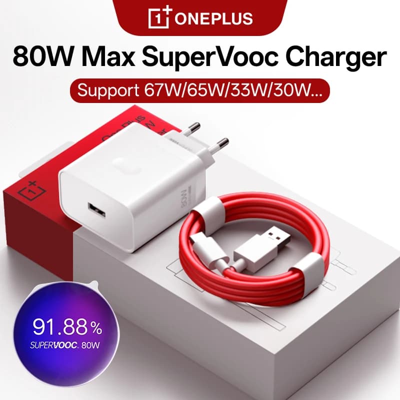 شاحن سريع أصلي OnePlus Supervooc 80W من النوع A مع محول طاقة وكابل USB Type C متوافق مع OnePlus 13R و10 Pro و9 و8 و7 وNord و5 وCE5 و4 وPad 3 و2
