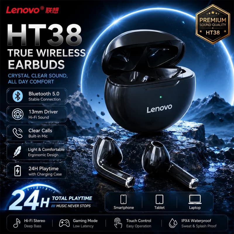 Lenovo HT38 TWS Sport Earphones, Mini Wireless Bluetooth Headset, HiFi Stereo Bass Fast Charging Case Sweatproof Running Earbuds - 6