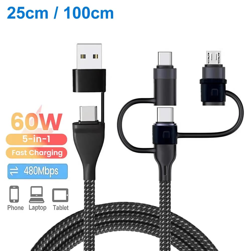 كابل بيانات متعدد USB C، 5 في 1، شحن سريع PD 60 واط، متوافق مع آيفون 16، 15، 14 ماكس، ماك بوك، سامسونج، Type C/Micro USB