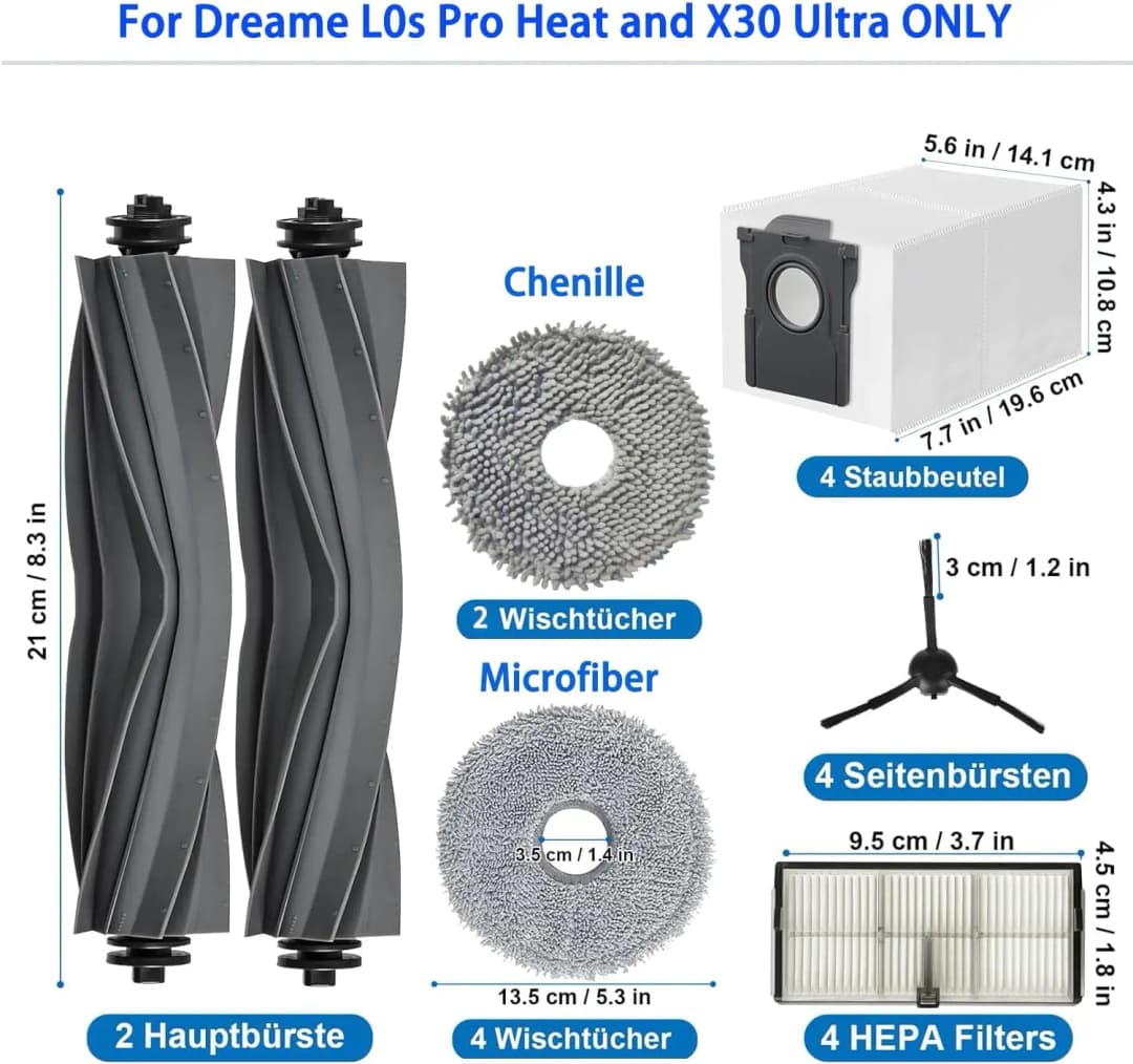 Dreame L10s Pro Ultra Heat, X30 Ultra, X30 Pro Accessories Vacuum Cleaner Replacement  Main Side Brush Filter Mop Dust Bag - 3