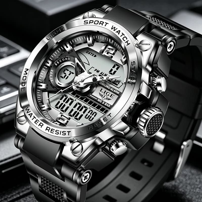 LIGE Men Sport Watch 50M Waterproof Dual Display Analog Digital Watch LED Backlight Chronograph Quartz Wristwatch Gift Box Set