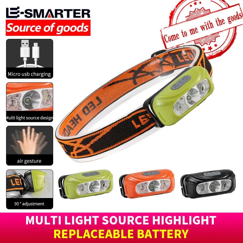 مصباح رأس صغير محمول مع مستشعر، مصباح LED قوي قابل للشحن عبر USB، كشاف إضاءة أمامي للصيد الليلي والتخييم
