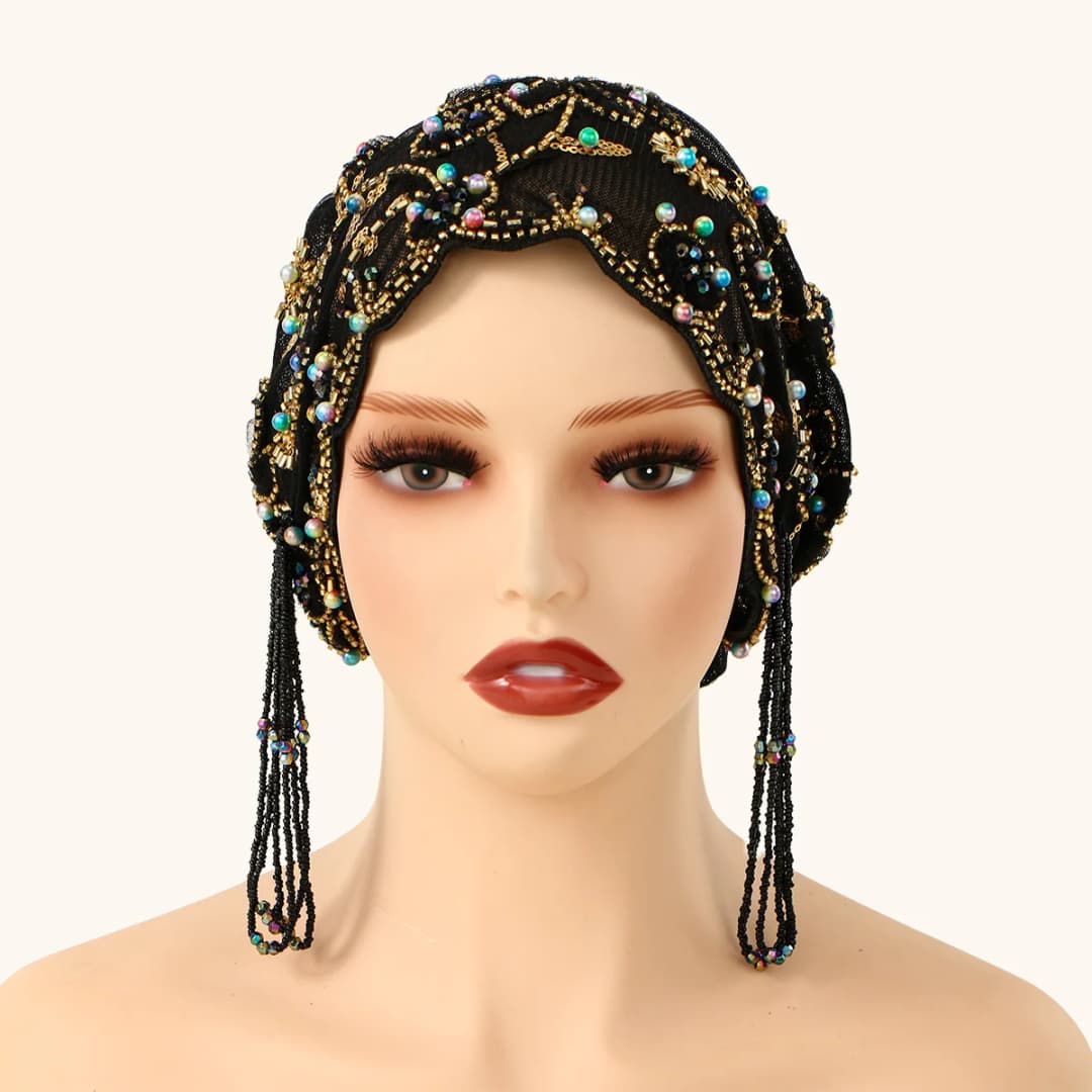 Muslim Lace Pearls Hat Caps Mesh Fabric Bead Tube Paired With An Acrylic Diamond Thread Embroidered Hat For Dubai Arabian Women - 2