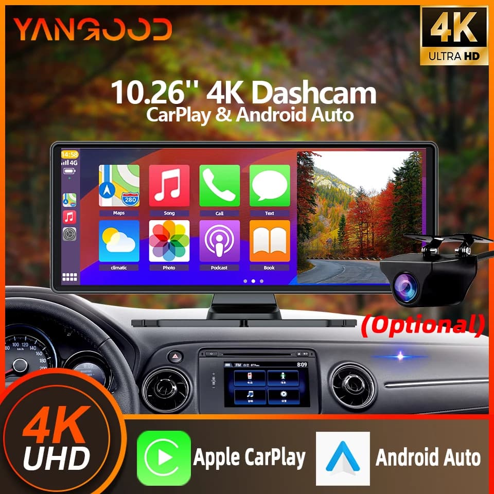كاميرا Yangood بدقة 4K، 10.26 بوصة، نظام أندرويد للمعلومات التلقائية، Carplay، كاميرا خلفية بدقة 1080P، نظام تحديد المواقع، واي فاي، بلوتوث، مسجل فيديو السيارة