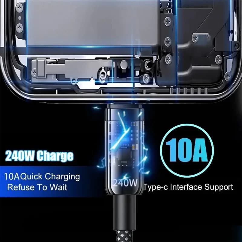 كابل شحن سريع NNBILI 240 واط من نوع USB C، كابل نايلون مضفر شفاف من نوع C، شاحن عالي السرعة لهواتف Samsung وHuawei وMi - 2