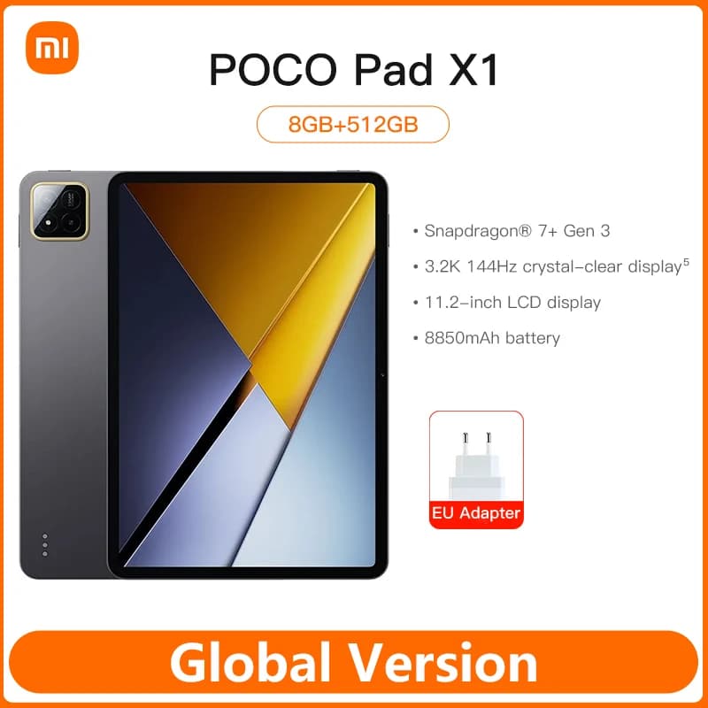 جهاز لوحي POCO Pad X1، شاشة 11.2 بوصة 3.2K بمعدل تحديث 144 هرتز، معالج سنابدراجون 7 الجيل الثالث، 8 جيجابايت رام، 512 جيجابايت، كاميرا 13 ميجابكسل، شحن سريع 45 واط، بطارية 8850 مللي أمبير