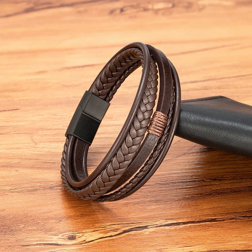 XQNI Luxury Fashion Hand-Woven Leather Bracelet Multilayer Men's Bangles Stainless Steel Magnetic Buckle Party Jewelry Gift - 6