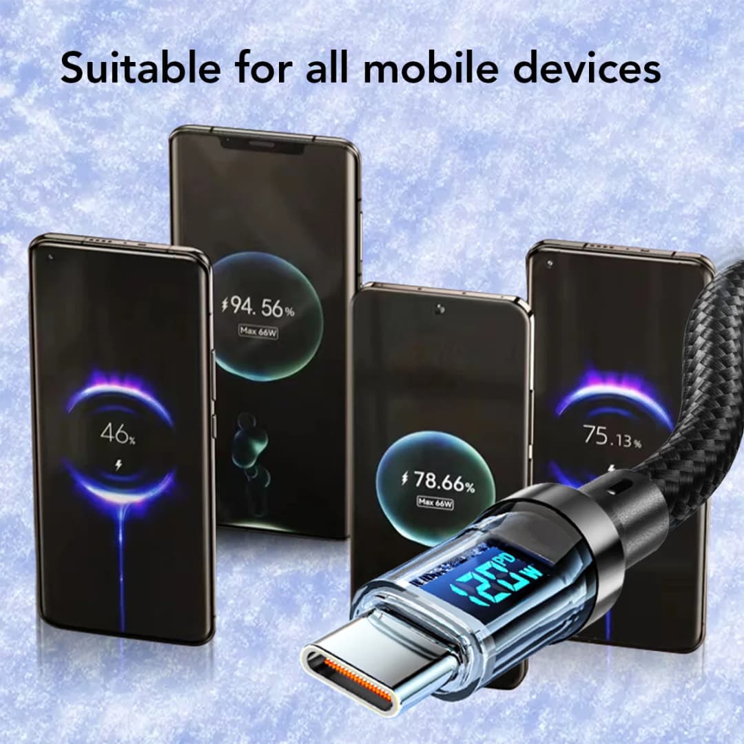 كابل شحن سريع جدًا من النوع C إلى النوع C بقوة 120 واط مع شاشة LED، كابل بيانات USB إلى النوع C لهواتف آيفون وهواوي وأوبو وفيفو - 6