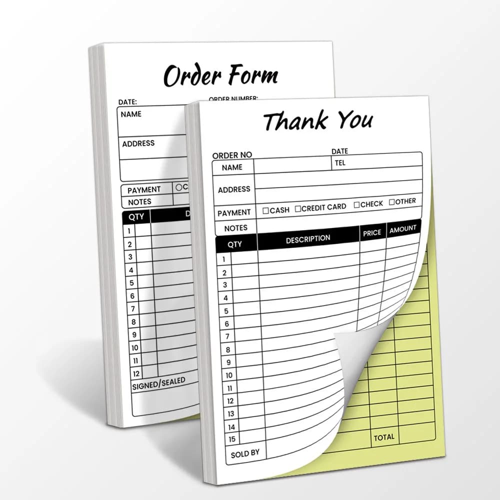 ​ كتاب إيصالات المبيعات مكون من جزأين من الكربون باللونين الأبيض والأصفر مع دعم ورقي، 100 مجموعة لكل كتاب ​