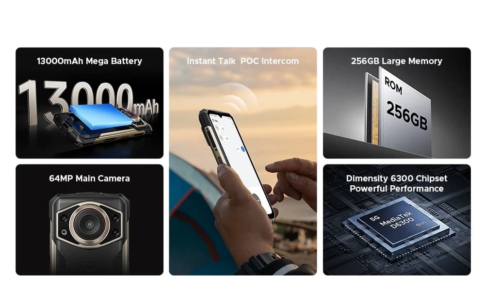 هاتف دوغي فاير 7 ألترا 5G المتين بمعالج ديمينسيتي 6300، ذاكرة 32 جيجابايت + 256 جيجابايت، شاشة IPS مقاس 6.6 بوصة، بطارية 13000 مللي أمبير، كاميرا 64 ميجابكسل + 16 ميجابكسل، نظام أندرويد 15 - 4
