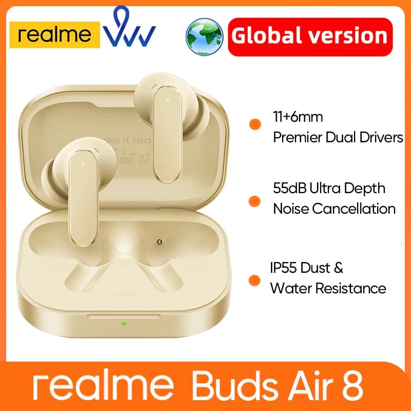 سماعات realme Buds Air 8 اللاسلكية بلوتوث 5.4 مع إلغاء الضوضاء النشط وبطارية تدوم لساعات طويلة TWS الإصدار العالمي