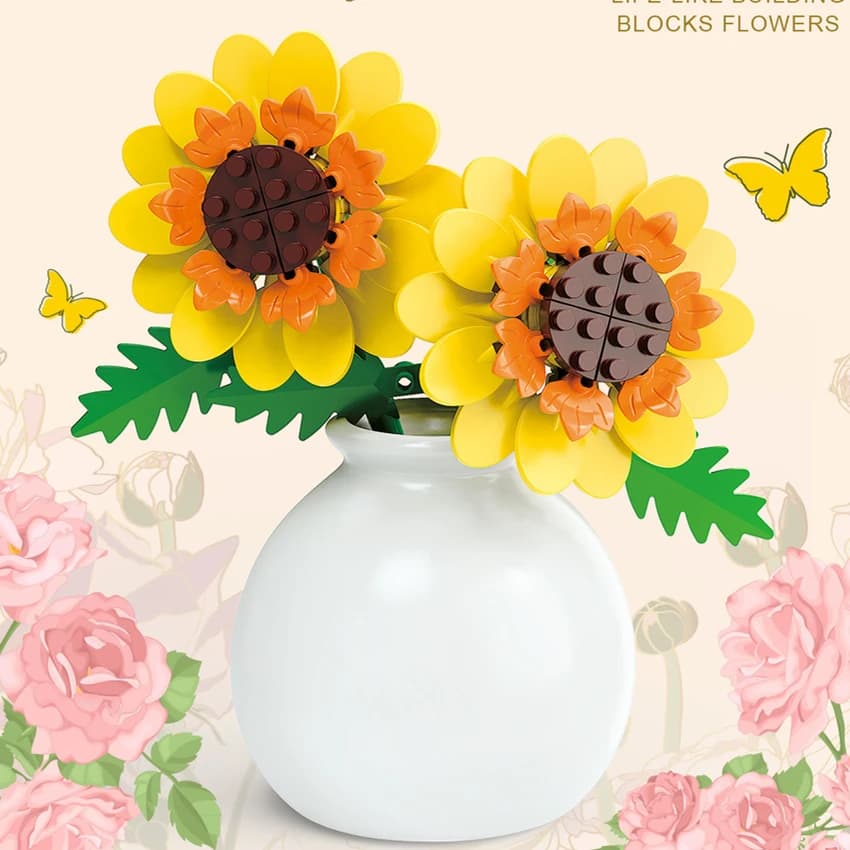 DIY MOC Flowers Bouquet Rose Sunflower Succulents Bonsai Vase Gardens Romantic Building Blocks Model Bricks Sets Kits Toys - 2