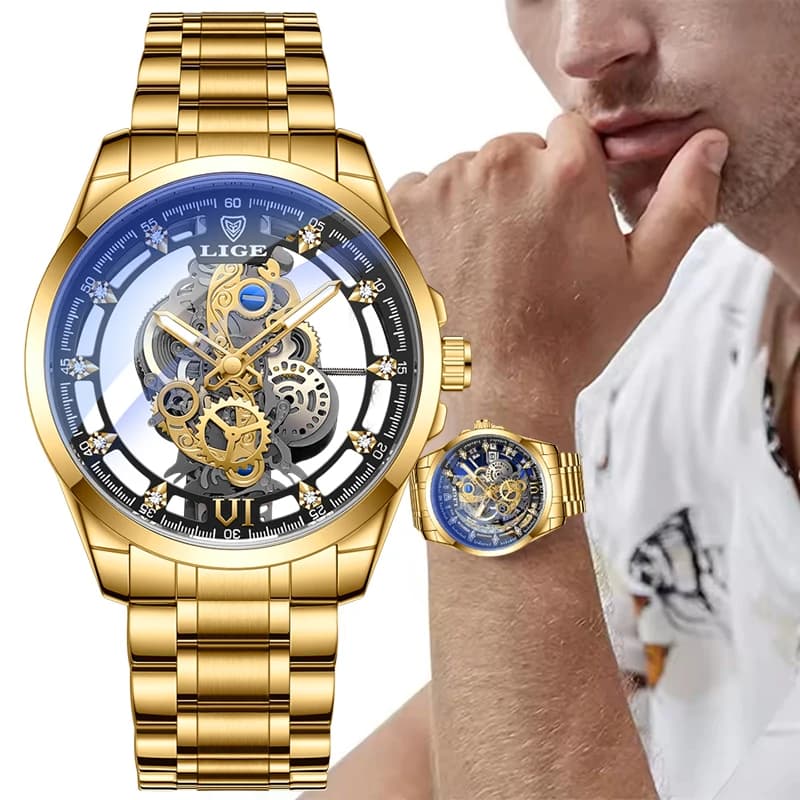 Original LIGE Men Watch Gold Stainless Steel Hollow Skeleton Quartz Watches for Men Fashion Military Waterproof Men Wristwatch