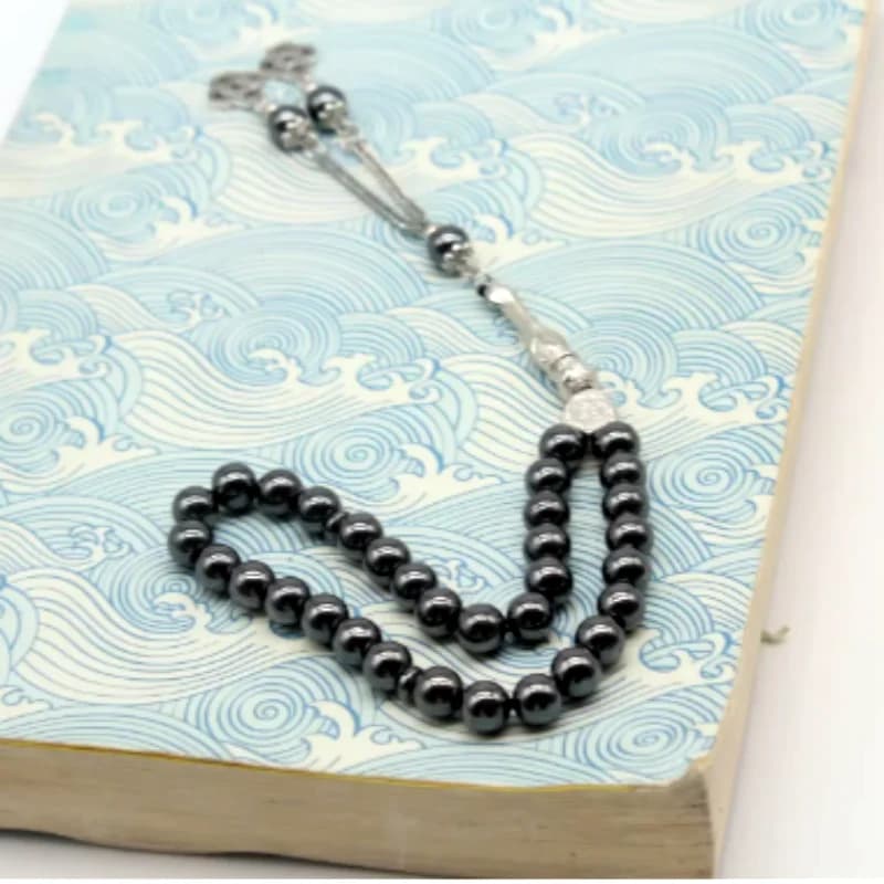 حجر المرارة الأسود الرائع 8 مم 33 حبات المسبحة مطرز سوار خرز الصلاة العربية التركية الإسلامية - 4