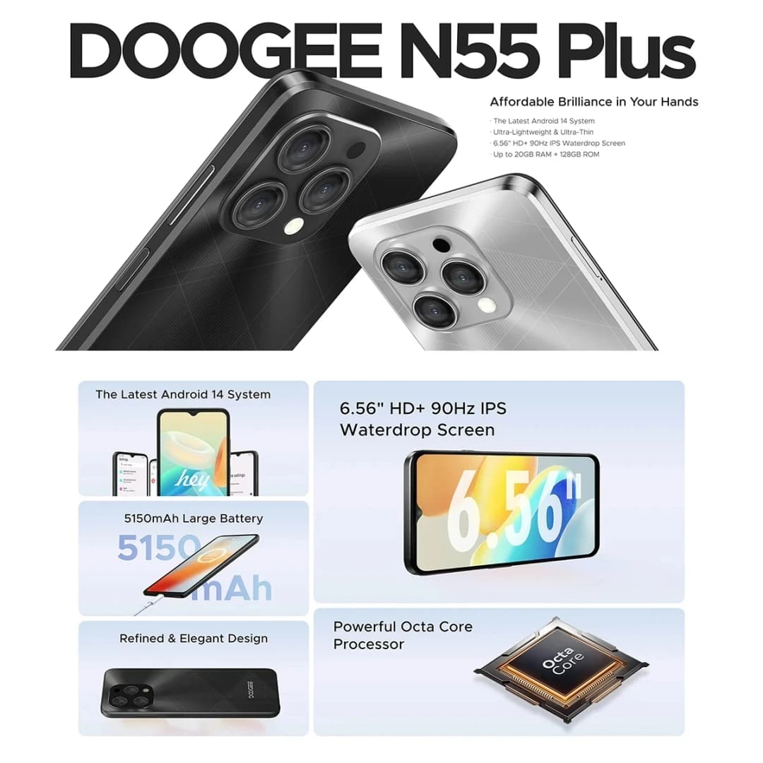 هاتف DOOGEE [N55] الذكي 5G بشاشة 6.56 بوصة 90Hz IPS، 4 جيجابايت + 128 جيجابايت، كاميرا ثلاثية 13 ميجابكسل، بطارية 5150 مللي أمبير، نظام أندرويد 14 - 2